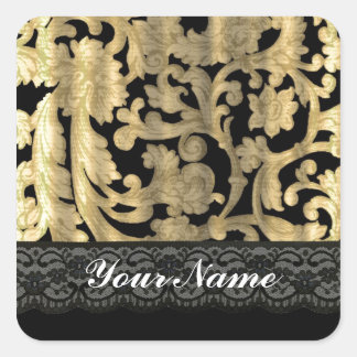 Black & gold lace damask square sticker