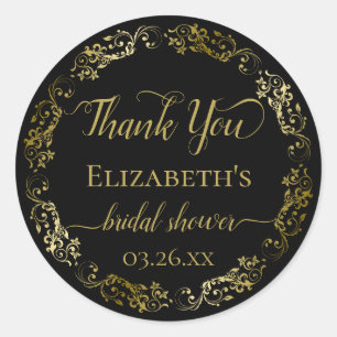 Black & Gold Lace Elegant Bridal Shower Thank You Classic Round Sticker