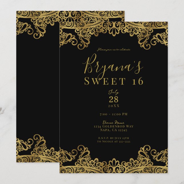 Black & Gold Lace Elegant Sweet 16 Party  Invitation (Front/Back)