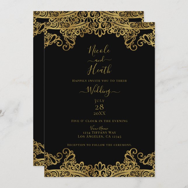 Black & Gold Lace Elegant Wedding   Invitation (Front/Back)