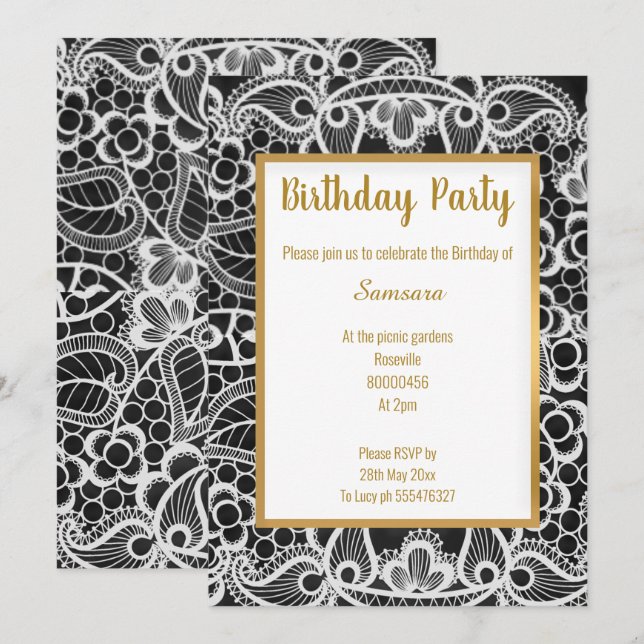 BLACK GOLD LACE GOLD TRIM ELEGANT BIRTHDAY INVITATION (Front/Back)