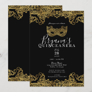 Black & Gold Lace Masquerade 15th Quinceañera   Invitation