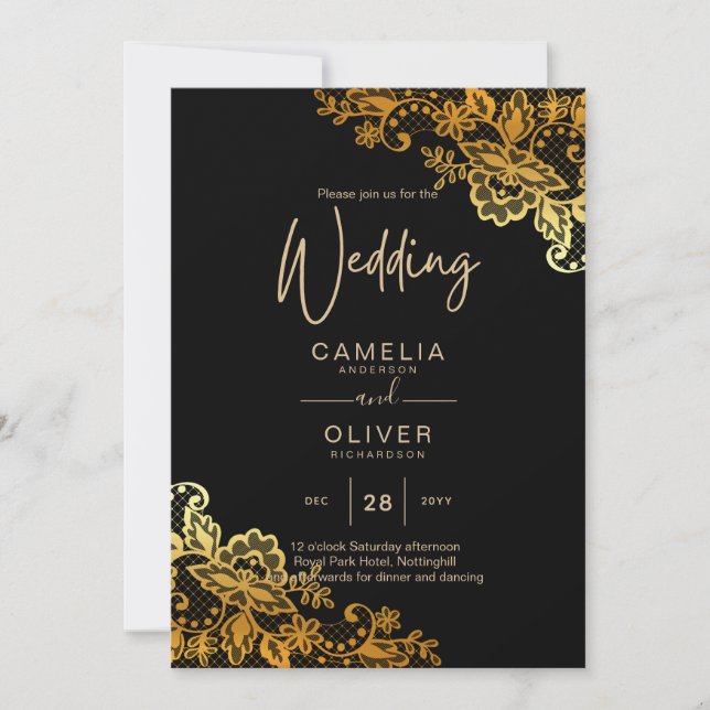 Black Gold Lace Wedding Invitations (Front)