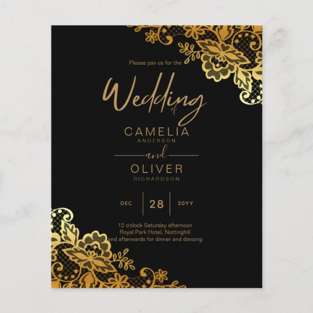Black Gold Lace Wedding Invitations Flyer (Front)