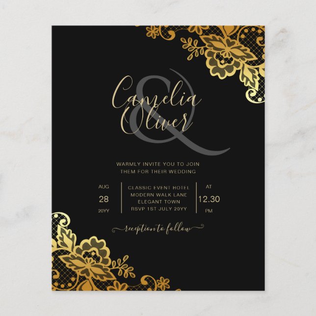 Black Gold Lace Wedding Invitations Flyer (Front)