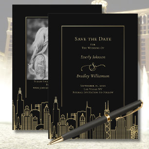 Black Gold Las Vegas Skyline Elegant Save the Date Invitation