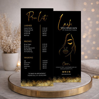 Black & Gold Lash Tech Price List | Luxury Beauty Rack Card