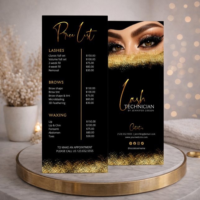 Black & Gold Lash Tech Price List | Luxury Beauty  Rack Card (Creator Uploaded)