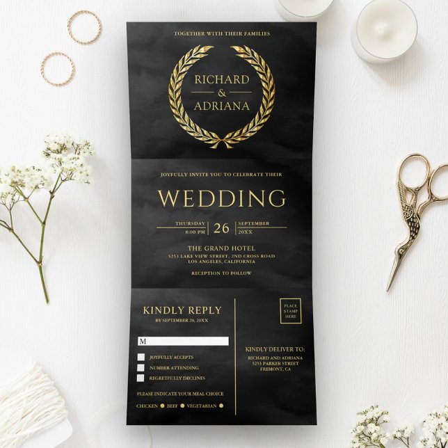 Black Gold Laurel Minimal All in One Wedding Tri-Fold Invitation (Creator Uploaded)