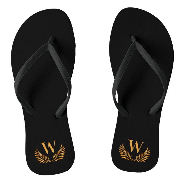 Black gold laurel wreath monogram initial letter thongs (Footbed)