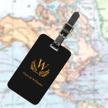Black gold laurel wreath monogram initials name luggage tag<br><div class="desc">A classic black background. Golden coloured letters. Personalise and add your family monogram initial and name,  your contact information on the back. For both him and her.</div>