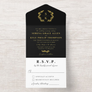 Black Gold Laurel Wreath Monogram Wedding All In One Invitation