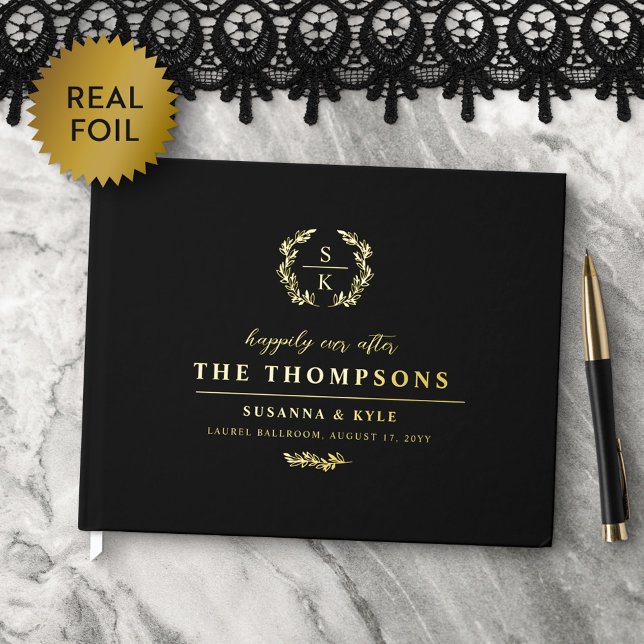 Black Gold Laurel Wreath Monogram Wedding Guest Book (Creator Uploaded)