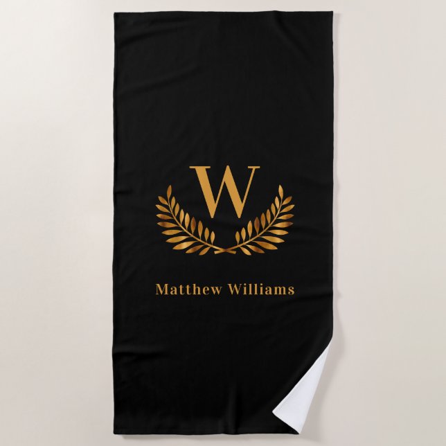 Black gold laurel wreath name monogram beach towel (Front)