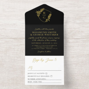 Black Gold Leaf Adorned Shield Monogram Wedding All In One Invitation