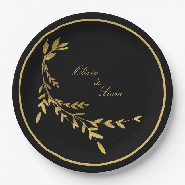 Black Gold Leaf Elegant Name Script Wedding Paper Plate (Front)