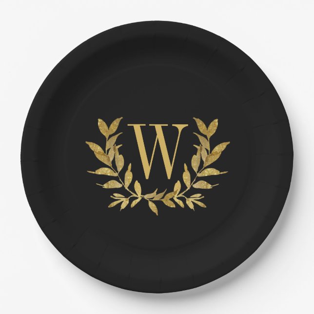 Black Gold Leaf Monogram Elegant Chic Wedding Paper Plate (Front)
