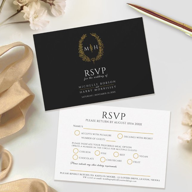 Black gold leaf monogram meal option wedding event RSVP card (Creator Uploaded)