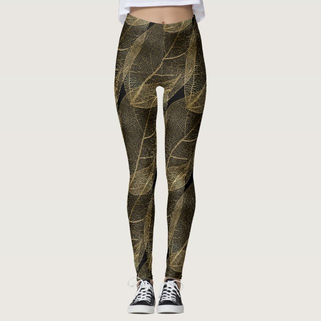 BLACK GOLD LEAF Pattern leggings activewear (Front)