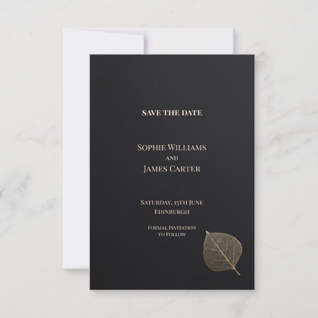 Black Gold Leaf Wedding Save the Date (Front)