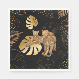 Black gold leaves leopard  napkin