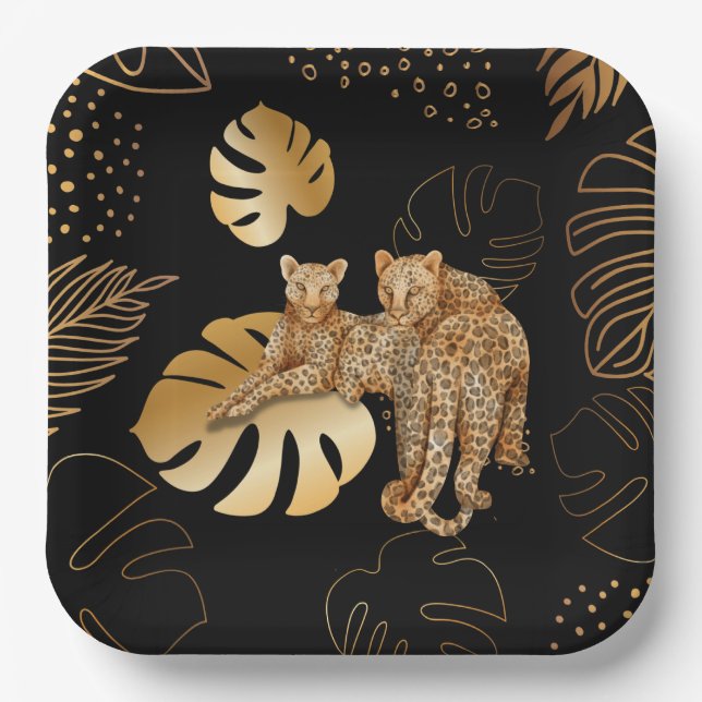 Black gold leaves leopard  paper plate (Front)