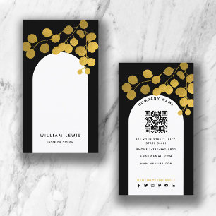 Black & Gold Leaves Modern Arch QR Code Business Card