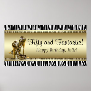 Black Gold Leopard and Zebra Birthday Party Banner Poster