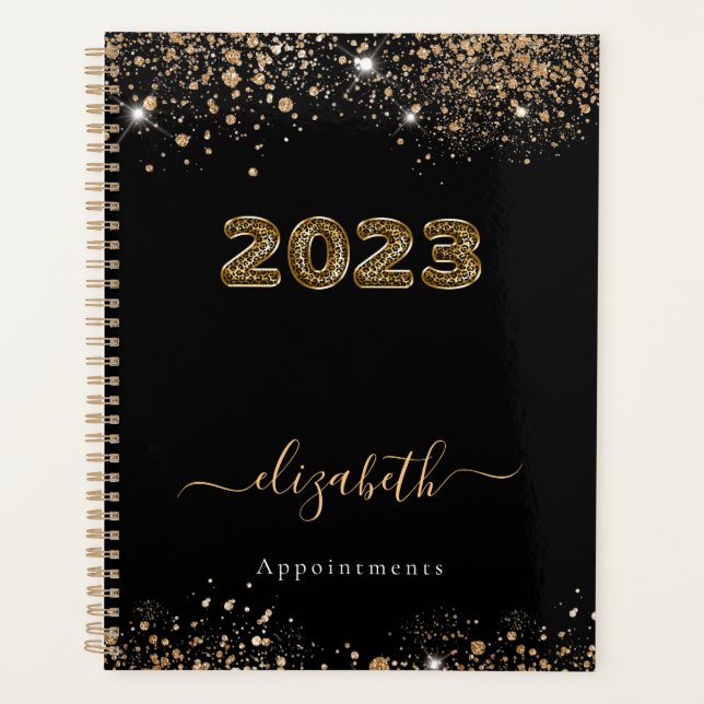 Black gold leopard animal glitter monogram 2023 planner (Front)