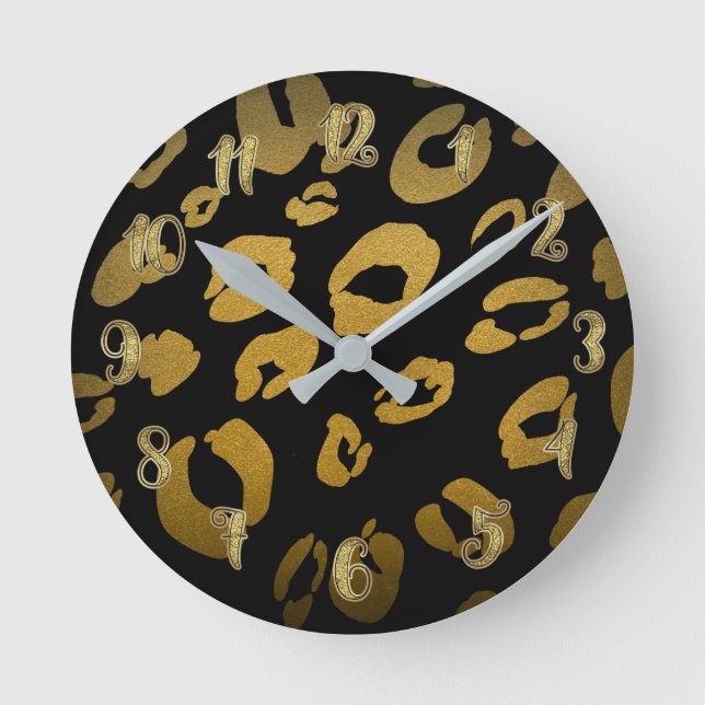 Black & Gold Leopard Cheetah Animal Print Round Clock (Front)