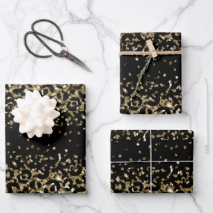 Black Gold Leopard Cheetah Print Glitter Glam Wrapping Paper Sheet