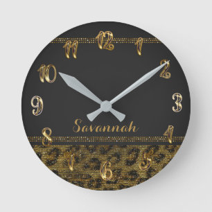 Black & Gold Leopard Cheetah Sequin Glitter Round Clock