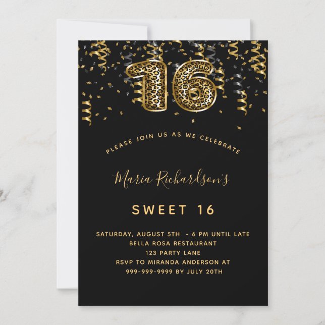 Black gold leopard confetti Sweet 16 Invitation (Front)