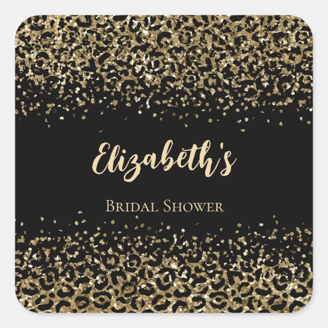 Black Gold Leopard Print Glitter Bridal Shower Square Sticker (Front)