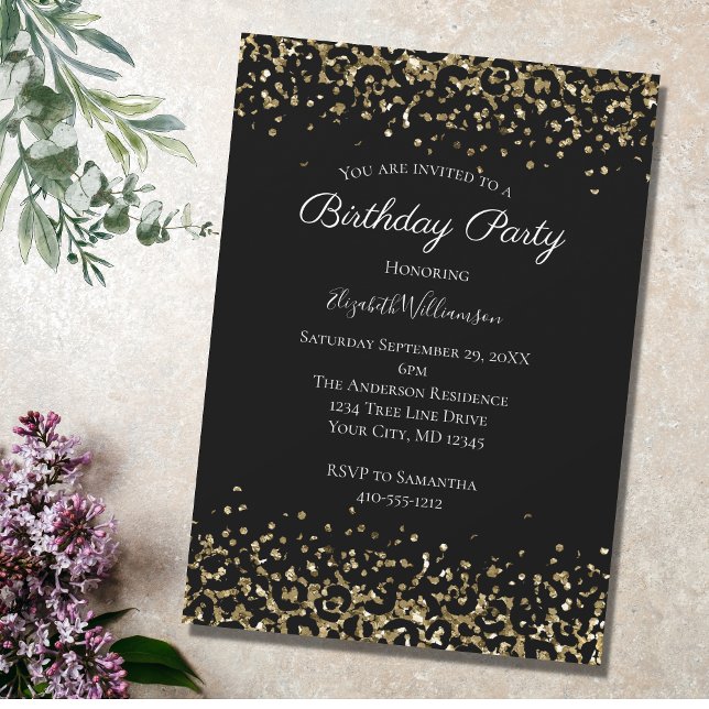 Black Gold Leopard Print Glitter Overlay Birthday Invitation (Creator Uploaded)
