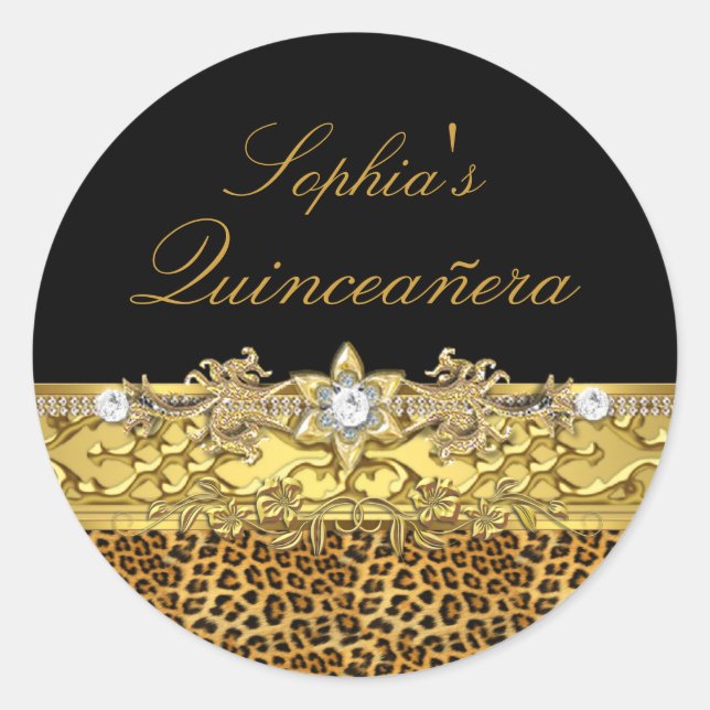 Black & Gold Leopard Quinceanera Sticker (Front)