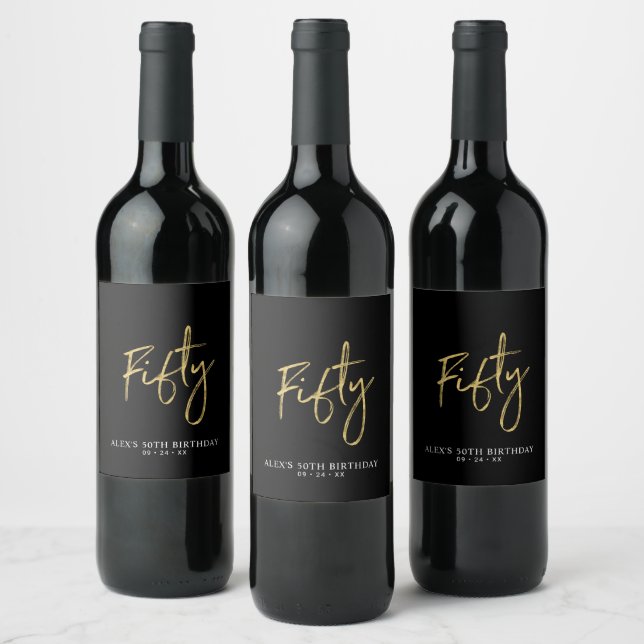 Black & Gold Lettering Fifty | 50th Birthday Party Wine Label (Bottles)