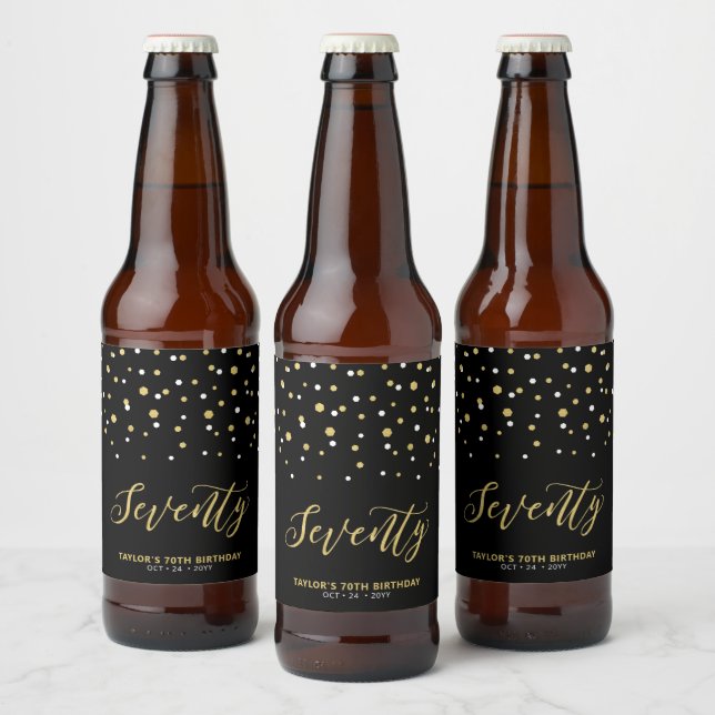 Black & Gold Lettering Seventy 70th Birthday Party Beer Bottle Label (Bottles)
