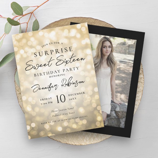 Black Gold Lights Photo SURPRISE Sweet 16   Invitation (Black Gold Lights Photo SURPRISE Sweet 16 Invitation)