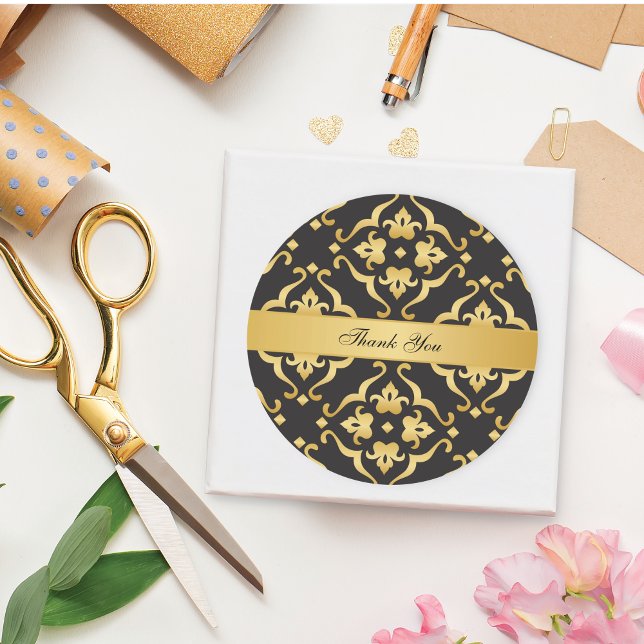 Black & Gold Lily Floral Pattern Thank You Classic Round Sticker (Creator Uploaded)