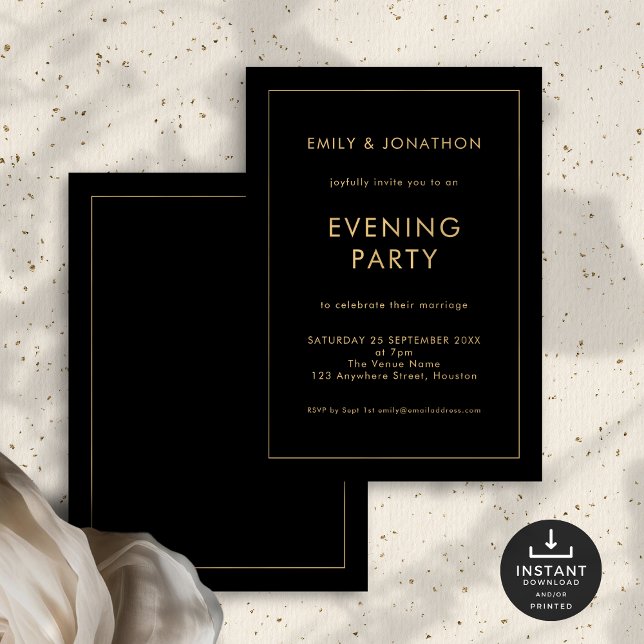 Black Gold Line Border Wedding Evening Party Invitation (Front and back view)