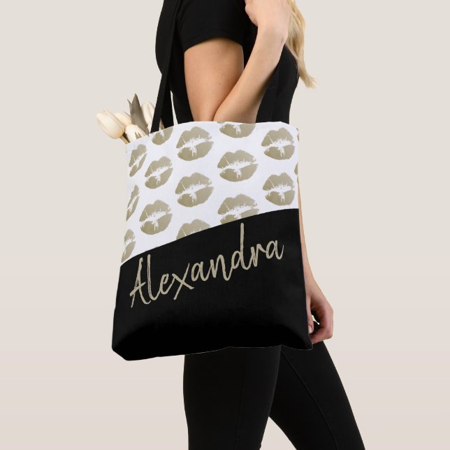 Black Gold Lips Kiss Pattern Modern Personalised Tote Bag (Close Up)