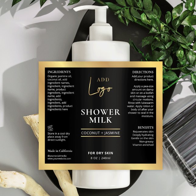 Black & Gold Logo 6.7oz 8oz Cosmetic Bottle Label (Black & gold waterproof product label with your logo, great for large cosmo bottles *verify size)