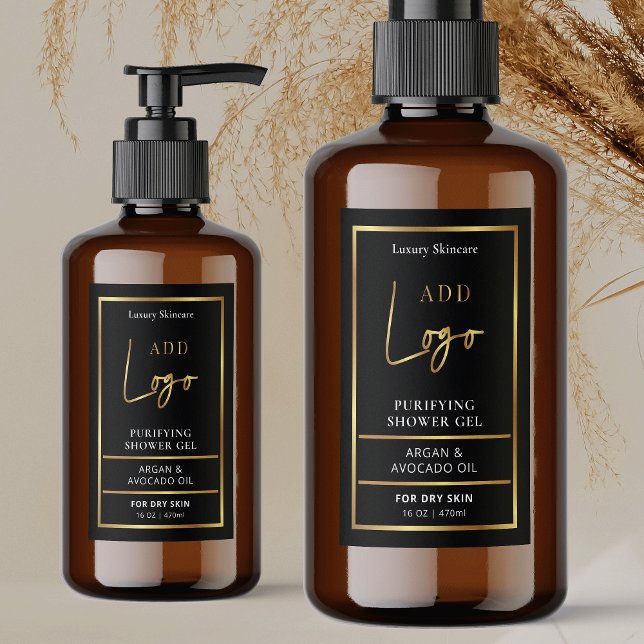 Black & Gold Logo 8 to 16 OZ Cosmetic Bottle Label (Modern black and gold logo cosmetics waterproof label with fully editable text and gold effects)