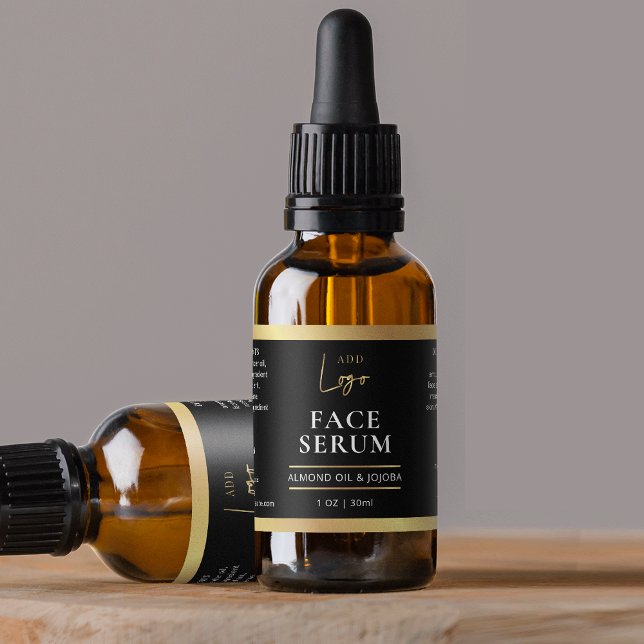 Black & Gold Logo Chic 1 OZ Dropper Bottle Label (Black and faux gold essential oil 30ml dropper bottle skincare label with space for your logo)