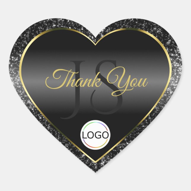 Black Gold Logo Initials Glitter Pretty Thank You Heart Sticker (Front)