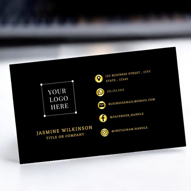 Black  gold Logo Modern Social Media Icons Business Card (modern black gold proffesional business card fully editable )