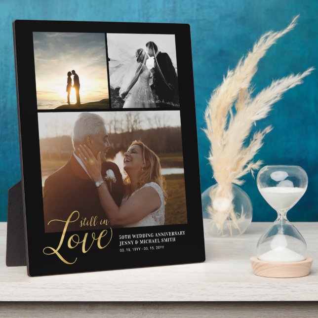 Black & Gold Love Anniversary Gift Photo Block Plaque (Side)