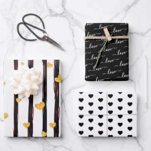 Black & Gold Love Hearts Valentines Wrapping Paper Sheet