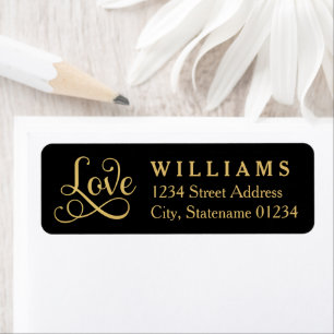 Black Gold Love Script Wedding Address Return Address Label